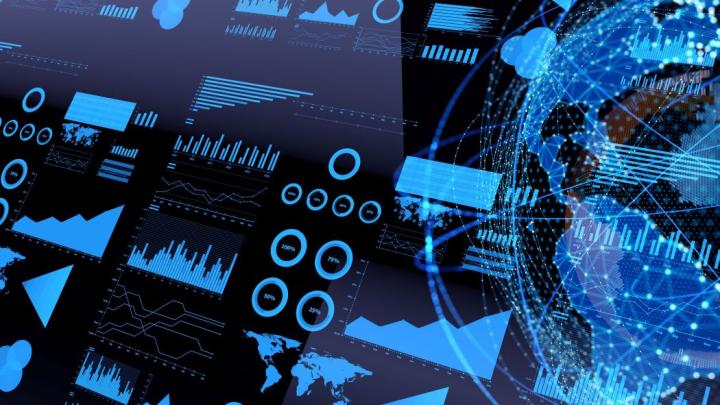Digital globe and data visualizations representing ethical artificial intelligence."