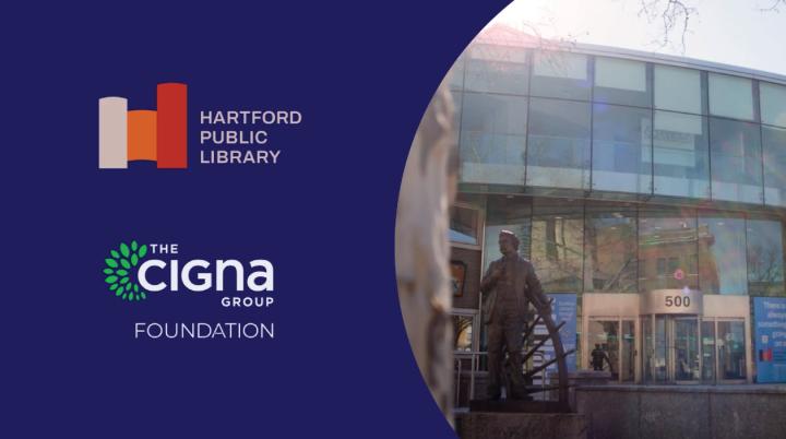 Hartford Public Library entrance featured alongside Hartford Public Library and Cigna Foundation branding.