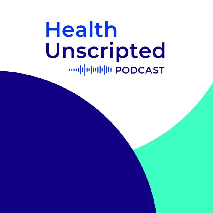 Health Unscripted Podcast logo featuring a stylized audio waveform and abstract blue and green shapes.